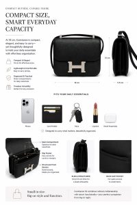 hermès constance 19 black epsom leather shoulder bag – silver h clasp, compact crossbody bag, luxury designer style, elegant everyday handbag for women