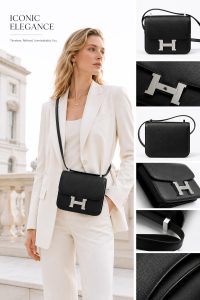 hermès constance 19 black epsom leather shoulder bag – silver h clasp, compact crossbody bag, luxury designer style, elegant everyday handbag for women