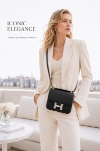 hermès constance 19 black epsom leather shoulder bag – silver h clasp, compact crossbody bag, luxury designer style, elegant everyday handbag for women
