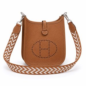 hermès mini evelyne gold brown togo leather crossbody bag – lightweight designer shoulder bag with detachable woven strap, minimalist everyday luxury