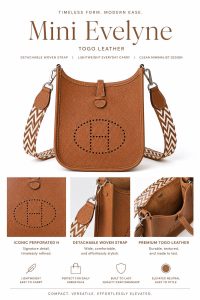 hermès mini evelyne gold brown togo leather crossbody bag – lightweight designer shoulder bag with detachable woven strap, minimalist everyday luxury