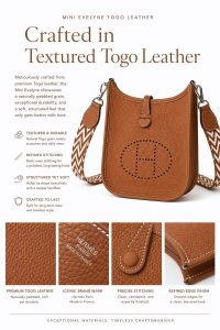 hermès mini evelyne gold brown togo leather crossbody bag – lightweight designer shoulder bag with detachable woven strap, minimalist everyday luxury