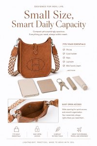 hermès mini evelyne gold brown togo leather crossbody bag – lightweight designer shoulder bag with detachable woven strap, minimalist everyday luxury