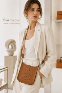 hermès mini evelyne gold brown togo leather crossbody bag – lightweight designer shoulder bag with detachable woven strap, minimalist everyday luxury