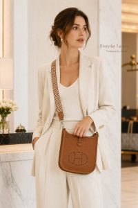 hermès mini evelyne gold brown togo leather crossbody bag – lightweight designer shoulder bag with detachable woven strap, minimalist everyday luxury