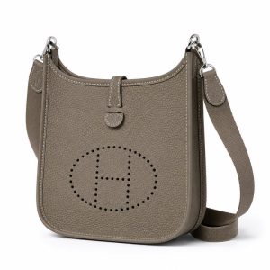 hermès mini evelyne elephant gray togo leather crossbody bag – luxury small shoulder bag with custom strap, minimalist designer style, lightweight everyday purse