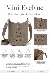 hermès mini evelyne elephant gray togo leather crossbody bag – luxury small shoulder bag with custom strap, minimalist designer style, lightweight everyday purse
