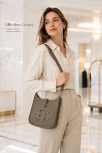 hermès mini evelyne elephant gray togo leather crossbody bag – luxury small shoulder bag with custom strap, minimalist designer style, lightweight everyday purse