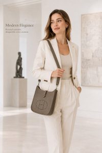 hermès mini evelyne elephant gray togo leather crossbody bag – luxury small shoulder bag with custom strap, minimalist designer style, lightweight everyday purse