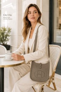 hermès mini evelyne elephant gray togo leather crossbody bag – luxury small shoulder bag with custom strap, minimalist designer style, lightweight everyday purse