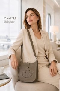 hermès mini evelyne elephant gray togo leather crossbody bag – luxury small shoulder bag with custom strap, minimalist designer style, lightweight everyday purse
