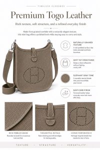 hermès mini evelyne elephant gray togo leather crossbody bag – luxury small shoulder bag with custom strap, minimalist designer style, lightweight everyday purse