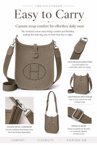 hermès mini evelyne elephant gray togo leather crossbody bag – luxury small shoulder bag with custom strap, minimalist designer style, lightweight everyday purse