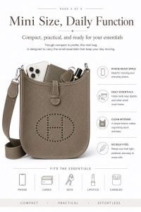 hermès mini evelyne elephant gray togo leather crossbody bag – luxury small shoulder bag with custom strap, minimalist designer style, lightweight everyday purse