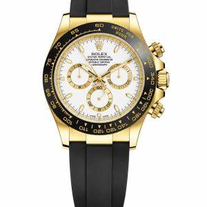 Rolex 116518LN 40mm Daytona men watch white background full product shot, gold case black rubber strap luxury wristwatch
