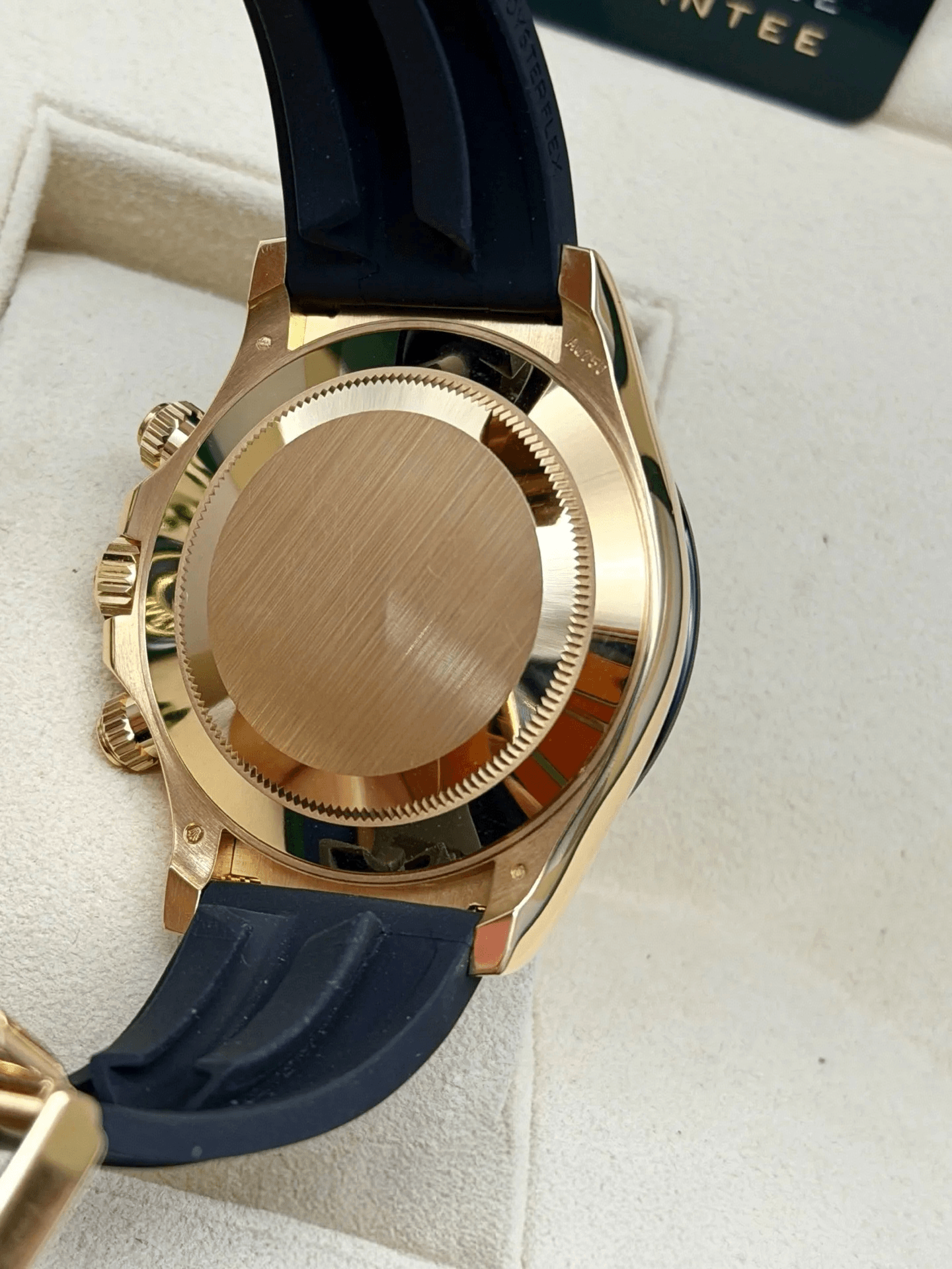 men 40mm chronograph solid yellow gold case champagne dial black ceramic bezel rubber strap watch Solid Case Back