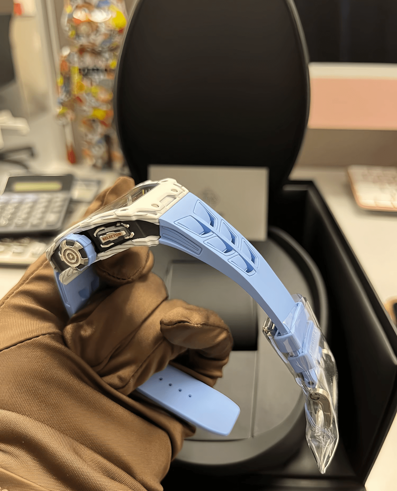 RM35-03 light blue curved rubber strap closeup RM35-03 light blue curved rubber strap closeup