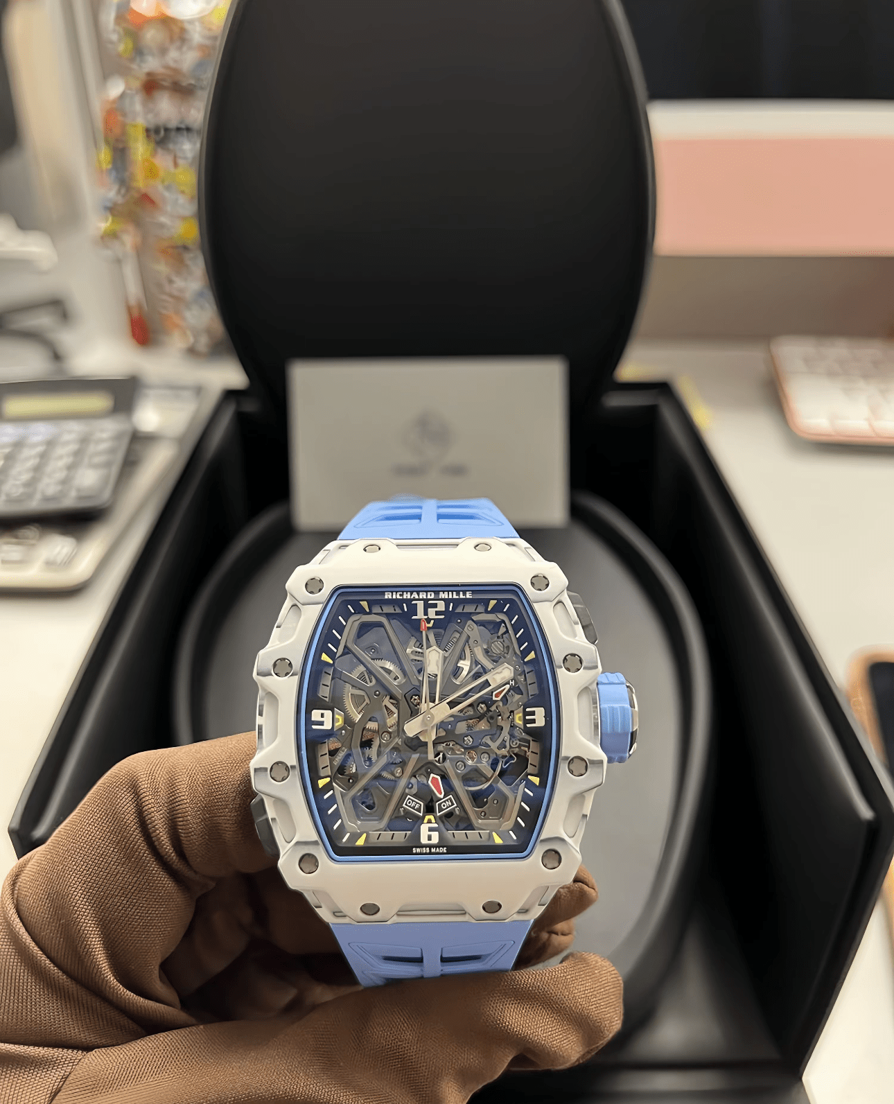 Richard Mille RM35-03 Rafael Nadal white blue quartz tpt watch front white background Richard Mille RM35-03 Rafael Nadal white blue quartz tpt watch front white background