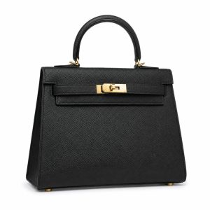 hermès kelly style black top handle bag – luxury structured leather handbag with gold hardware, elegant designer satchel for women