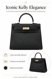 hermès kelly style black top handle bag – luxury structured leather handbag with gold hardware, elegant designer satchel for women