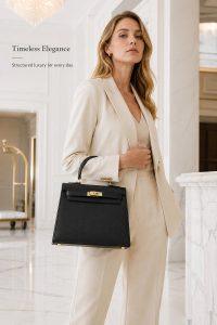 hermès kelly style black top handle bag – luxury structured leather handbag with gold hardware, elegant designer satchel for women