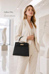 hermès kelly style black top handle bag – luxury structured leather handbag with gold hardware, elegant designer satchel for women