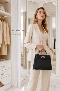 hermès kelly style black top handle bag – luxury structured leather handbag with gold hardware, elegant designer satchel for women