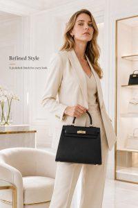 hermès kelly style black top handle bag – luxury structured leather handbag with gold hardware, elegant designer satchel for women
