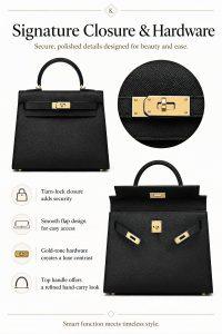 hermès kelly style black top handle bag – luxury structured leather handbag with gold hardware, elegant designer satchel for women