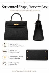 hermès kelly style black top handle bag – luxury structured leather handbag with gold hardware, elegant designer satchel for women