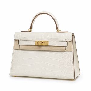 hermès kelly mini 19 white croc embossed top handle bag with gold hardware, luxury designer shoulder crossbody bag for women
