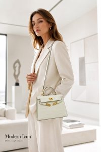 hermès kelly mini 19 white croc embossed top handle bag with gold hardware, luxury designer shoulder crossbody bag for women