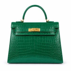 hermes kelly emerald green croc embossed leather bag, luxury top handle shoulder bag with gold hardware, elegant women’s designer handbag
