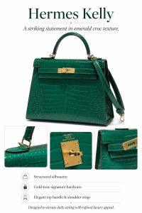 hermes kelly emerald green croc embossed leather bag, luxury top handle shoulder bag with gold hardware, elegant women’s designer handbag