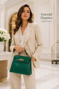 hermes kelly emerald green croc embossed leather bag, luxury top handle shoulder bag with gold hardware, elegant women’s designer handbag