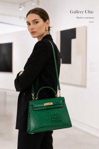 hermes kelly emerald green croc embossed leather bag, luxury top handle shoulder bag with gold hardware, elegant women’s designer handbag