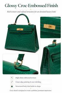 hermes kelly emerald green croc embossed leather bag, luxury top handle shoulder bag with gold hardware, elegant women’s designer handbag