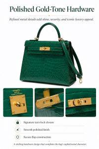 hermes kelly emerald green croc embossed leather bag, luxury top handle shoulder bag with gold hardware, elegant women’s designer handbag