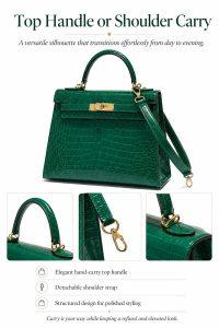 hermes kelly emerald green croc embossed leather bag, luxury top handle shoulder bag with gold hardware, elegant women’s designer handbag