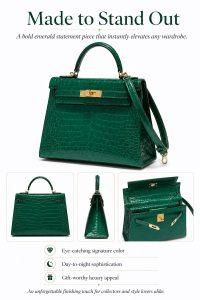 hermes kelly emerald green croc embossed leather bag, luxury top handle shoulder bag with gold hardware, elegant women’s designer handbag