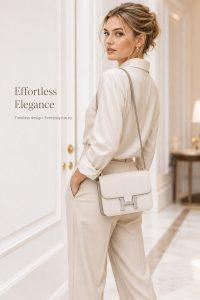 hermès constance mini shoulder bag – ivory textured leather crossbody bag with silver h clasp, luxury designer flap bag for women