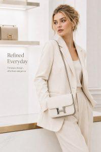 hermès constance mini shoulder bag – ivory textured leather crossbody bag with silver h clasp, luxury designer flap bag for women