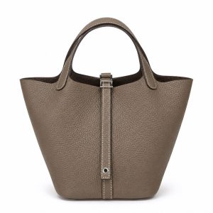 hermès picotin style elephant grey bucket bag – premium pebbled leather tote, quiet luxury handbag, elegant everyday carry for women
