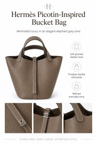 hermès picotin style elephant grey bucket bag – premium pebbled leather tote, quiet luxury handbag, elegant everyday carry for women