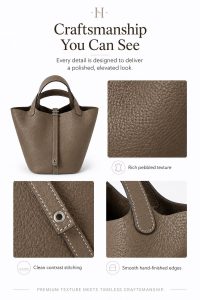 hermès picotin style elephant grey bucket bag – premium pebbled leather tote, quiet luxury handbag, elegant everyday carry for women