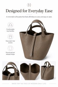 hermès picotin style elephant grey bucket bag – premium pebbled leather tote, quiet luxury handbag, elegant everyday carry for women