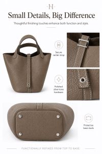 hermès picotin style elephant grey bucket bag – premium pebbled leather tote, quiet luxury handbag, elegant everyday carry for women
