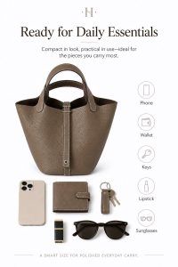 hermès picotin style elephant grey bucket bag – premium pebbled leather tote, quiet luxury handbag, elegant everyday carry for women