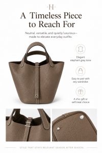 hermès picotin style elephant grey bucket bag – premium pebbled leather tote, quiet luxury handbag, elegant everyday carry for women