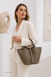 hermès picotin style elephant grey bucket bag – premium pebbled leather tote, quiet luxury handbag, elegant everyday carry for women
